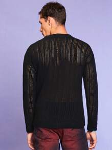 RueChic Men Solid Pointelle Knit Drop Shoulder Sweater - Black - View 2