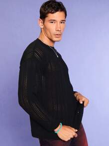 RueChic Men Solid Pointelle Knit Drop Shoulder Sweater - Black - View 3