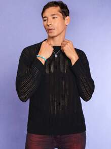 RueChic Men Solid Pointelle Knit Drop Shoulder Sweater - Black - View 4