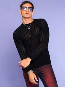 RueChic Men Solid Pointelle Knit Drop Shoulder Sweater - Black - View 5