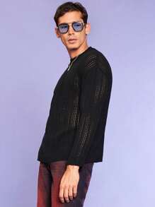 RueChic Men Solid Pointelle Knit Drop Shoulder Sweater - Black - View 6