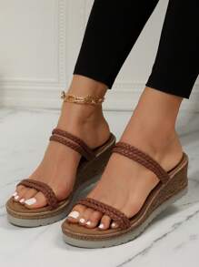 Women's Woven Multiple Straps Beach Style Wedge Heel Sandals With Thick Sole - Brown - View 1