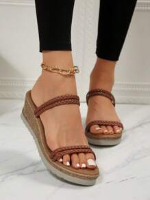 Women's Woven Multiple Straps Beach Style Wedge Heel Sandals With Thick Sole - Brown - View 3