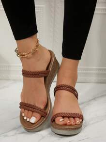 Women's Woven Multiple Straps Beach Style Wedge Heel Sandals With Thick Sole - Brown - View 4