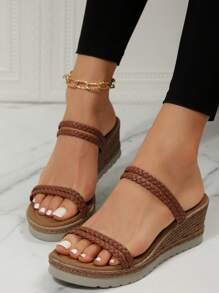 Women's Woven Multiple Straps Beach Style Wedge Heel Sandals With Thick Sole - Brown - View 5