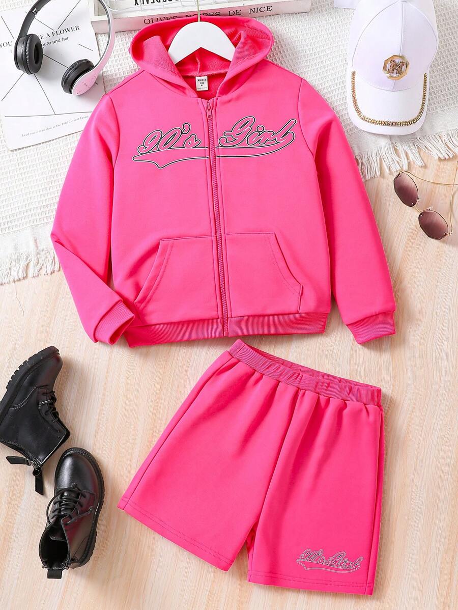SHEIN 女大童字母圖案拉鏈連帽衫和短褲 - 玫紅色 - 查看 1