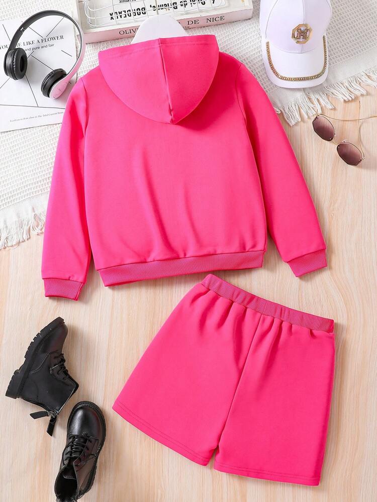 Tween Girl Letter Graphic Zip Up Hoodie & Shorts
