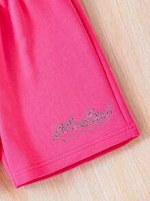 SHEIN 女大童字母圖案拉鏈連帽衫和短褲 - 玫紅色 - 查看 3