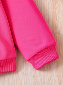 SHEIN 女大童字母圖案拉鏈連帽衫和短褲 - 玫紅色 - 查看 6