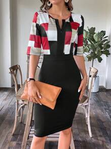 SHEIN Clasi Geo Print Notched Neckline Bodycon Dress - Black - View 1