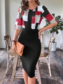 SHEIN Clasi Geo Print Notched Neckline Bodycon Dress - Black - View 5