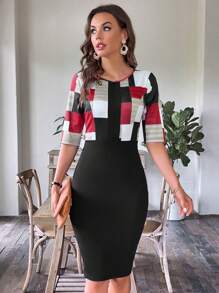 SHEIN Clasi Geo Print Notched Neckline Bodycon Dress - Black - View 6