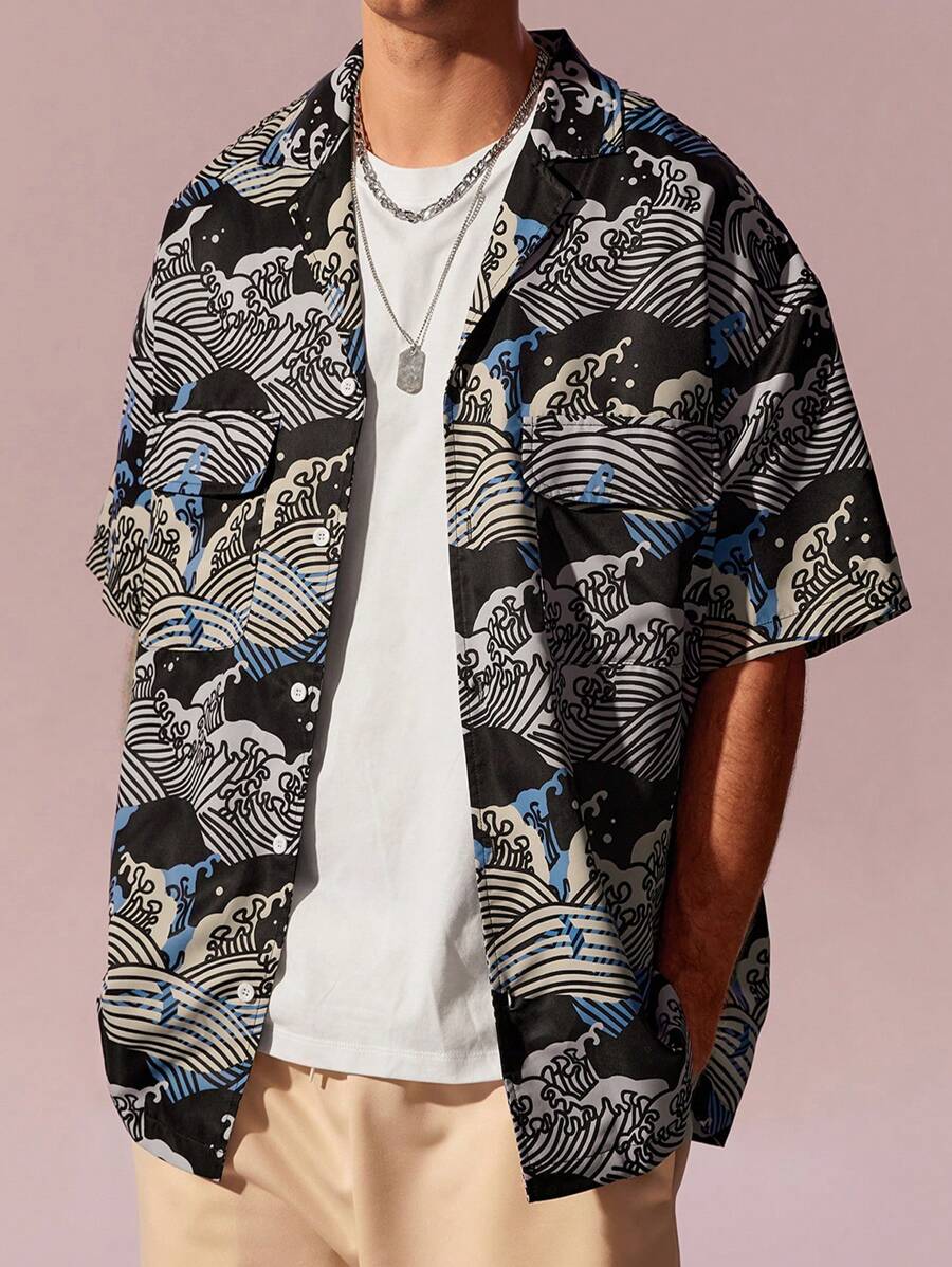 Manfinity Chillmode 男士波浪印花西裝領襯衫 - 彩色 - 查看 1