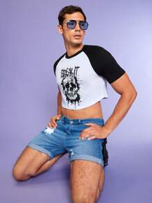 RueChic Men Skull & Letter Graphic Raglan Sleeve Crop Tee - Black and White - View 2
