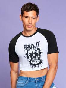 RueChic Men Skull & Letter Graphic Raglan Sleeve Crop Tee - Black and White - View 3