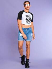 RueChic Men Skull & Letter Graphic Raglan Sleeve Crop Tee - Black and White - View 6