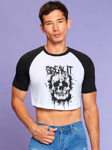 RueChic Men Skull & Letter Graphic Raglan Sleeve Crop Tee - Black and White - View 8