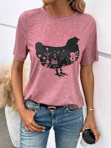 SHEIN LUNE Chicken & Floral Print Tee - Dusty Pink - View 3