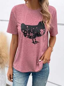 SHEIN LUNE Chicken & Floral Print Tee - Dusty Pink - View 2