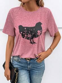 SHEIN LUNE Chicken & Floral Print Tee - Dusty Pink - View 1