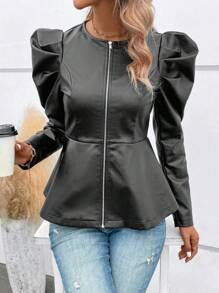 SHEIN Clasi Tay áo Dây kéo chất liệu da PU Xoay eo Áo khoác - màu đen - Xem 4