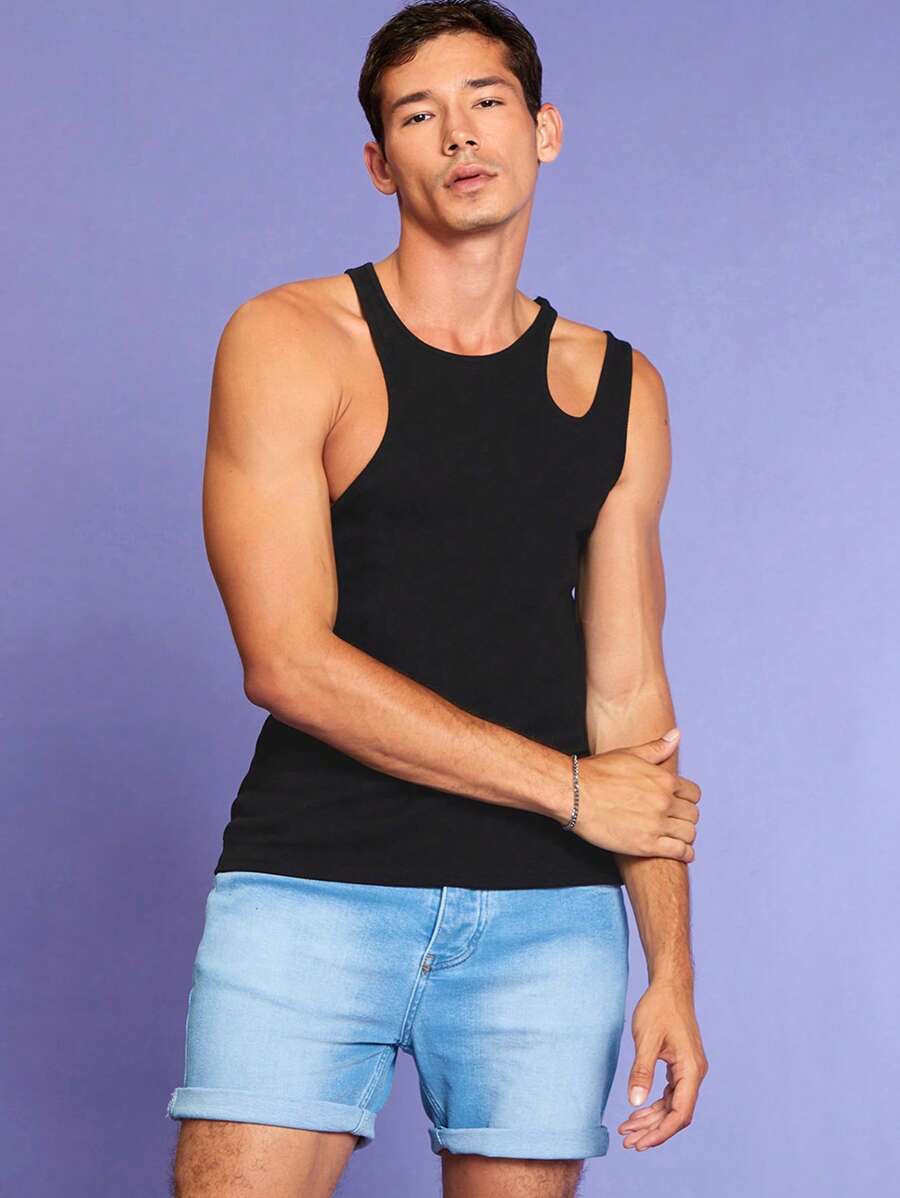 RueChic Men Cut Out Tank Top - Black - View 1