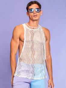 RueChic Men Chevron Print Sheer Tank Top - White - View 3