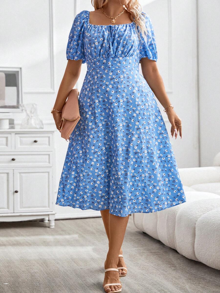 SHEIN Franclia Plus Ditsy Floral Print Ruched Bust Dress - Blue - View 1