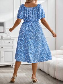 SHEIN Franclia Plus Ditsy Floral Print Ruched Bust Dress - Blue - View 2