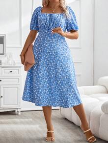 SHEIN Franclia Plus Ditsy Floral Print Ruched Bust Dress - Blue - View 3