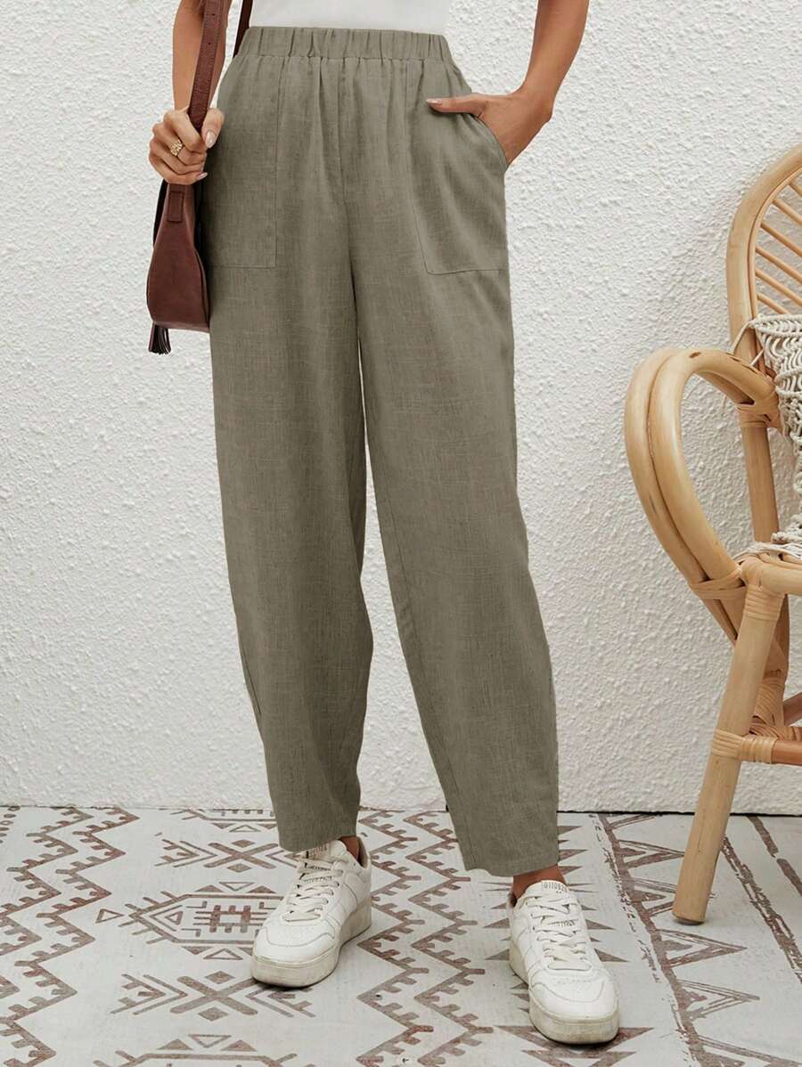 SHEIN LUNE 素色斜口袋長褲 - 灰色 - 查看 1