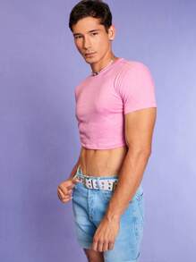 RueChic Men Solid Crop Tee - Pink - View 4
