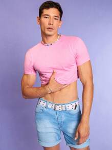 RueChic Men Solid Crop Tee - Pink - View 5