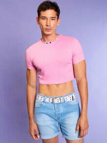 RueChic Men Solid Crop Tee - Pink - View 6