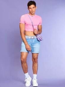 RueChic Men Solid Crop Tee - Pink - View 8
