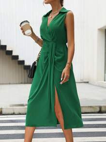 SHEIN LUNE Solid Ruched Split Thigh Sleeveless Dress - Green - View 6