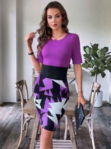 SHEIN Clasi Geo Print Bodycon Dress - Purple - View 4