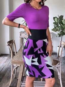 SHEIN Clasi Geo Print Bodycon Dress - Purple - View 6