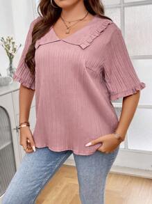 SHEIN LUNE Plus Frill Trim Plisse Blouse - Pink - View 4