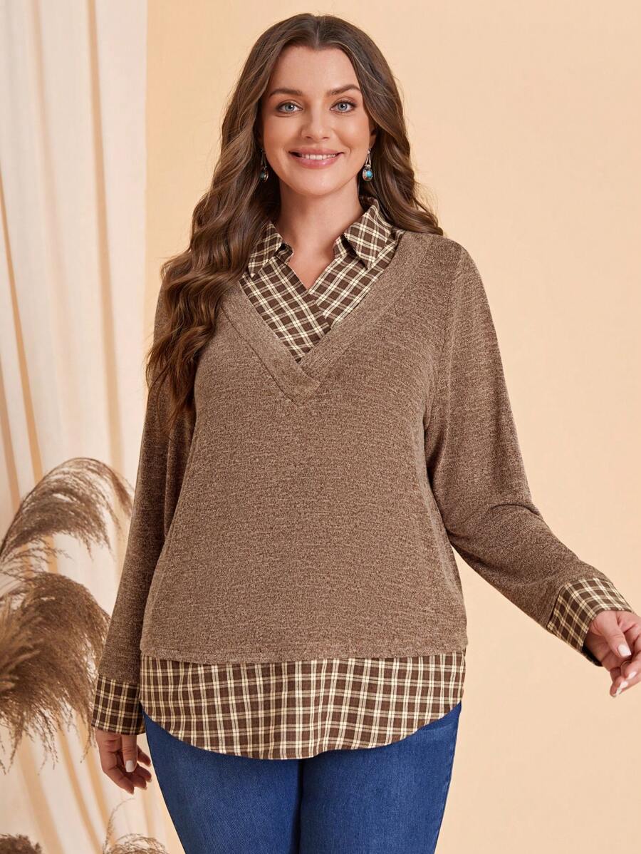 EMERY ROSE Hơn In kẻ sọc Curved Hem Tee 2 trong1 - màu nâu - Xem 1