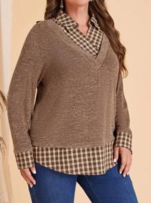 EMERY ROSE Hơn In kẻ sọc Curved Hem Tee 2 trong1 - màu nâu - Xem 3