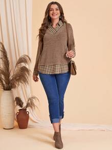 EMERY ROSE Hơn In kẻ sọc Curved Hem Tee 2 trong1 - màu nâu - Xem 4