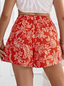 SHEIN Holidaya 大碼印花前打結短褲 - 橘色 - 查看 2
