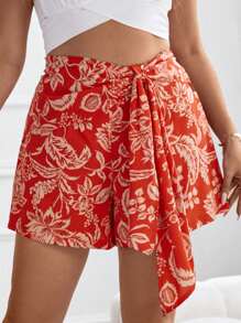 SHEIN Holidaya 大碼印花前打結短褲 - 橘色 - 查看 4