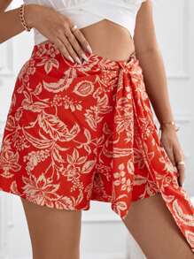SHEIN Holidaya 大碼印花前打結短褲 - 橘色 - 查看 5