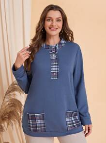 EMERY ROSE Plus Plaid Print Dual Pocket Sweatshirt - Dusty Blue - View 5