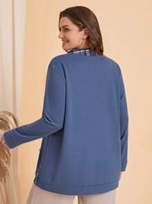 EMERY ROSE Plus Plaid Print Dual Pocket Sweatshirt - Dusty Blue - View 2