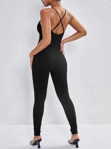 SHEIN PETITE Solid Cami Unitard Jumpsuit - Black - View 2