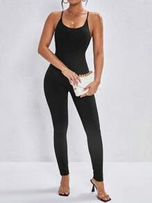 SHEIN PETITE Solid Cami Unitard Jumpsuit - Black - View 3