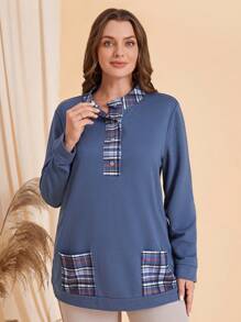 EMERY ROSE Plus Plaid Print Dual Pocket Sweatshirt - Dusty Blue - View 3